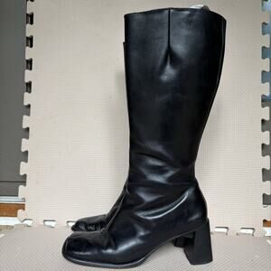 Charles David Black Leather Knee High Boots Size 9.5 Square Toe 90s Y2K Spain